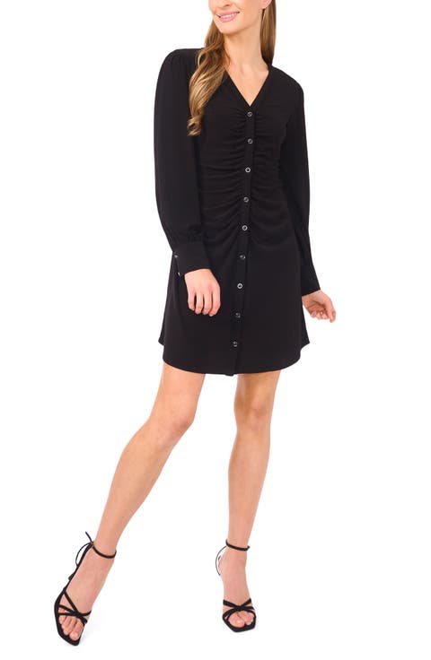 Shirred Front Button Long Sleeve Dress