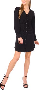 CeCe Shirred Front Button Long Sleeve Dress