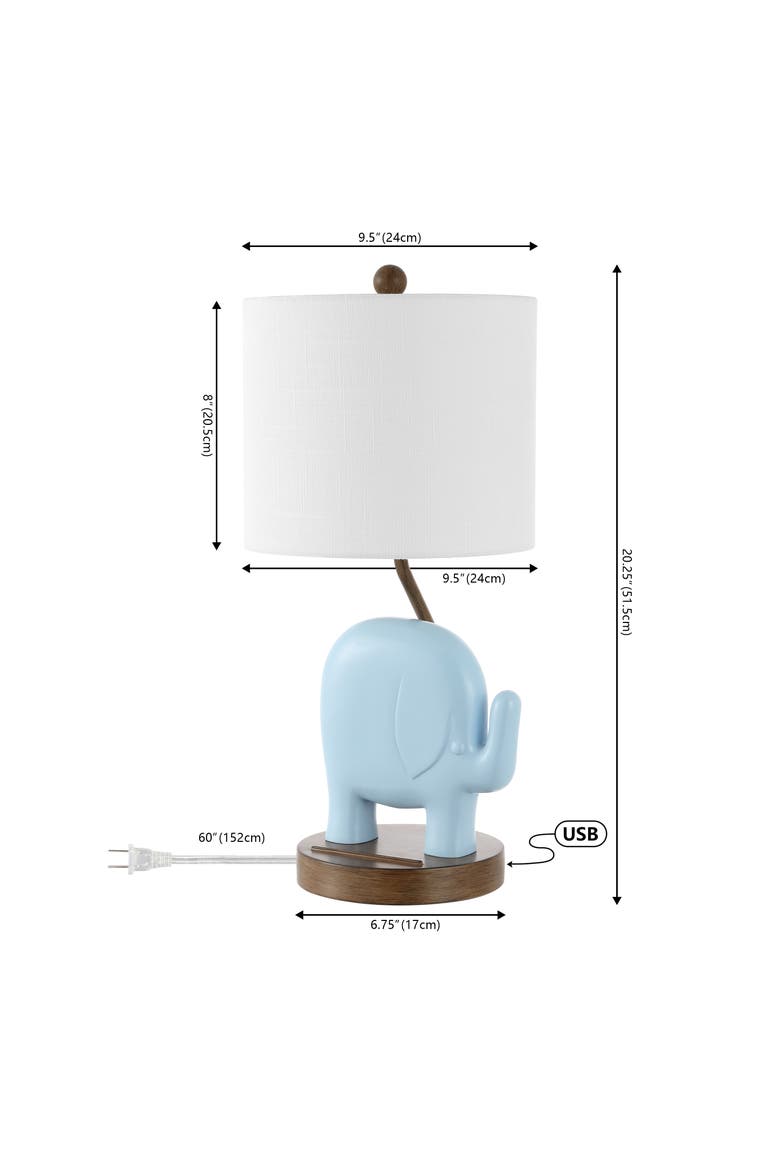 Ellie Bohemian Designer Iron/Resin Elephant LED Kids' Table Lamp with Phone Stand and USB Charging Port, Alternate, color, Blue