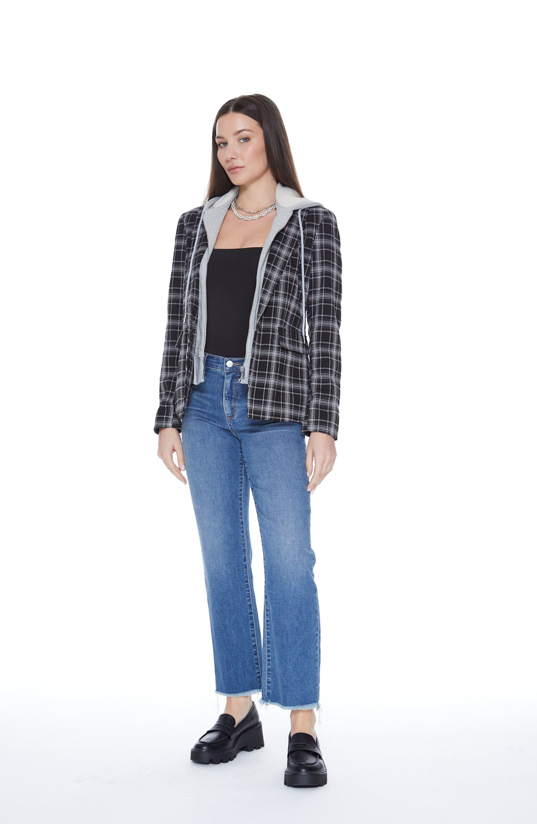 BLUE REVIVAL Hooded Helen Blazer in Black Plaid and Heather Cement, Alternate, color, Black Plaid / Heather Cement