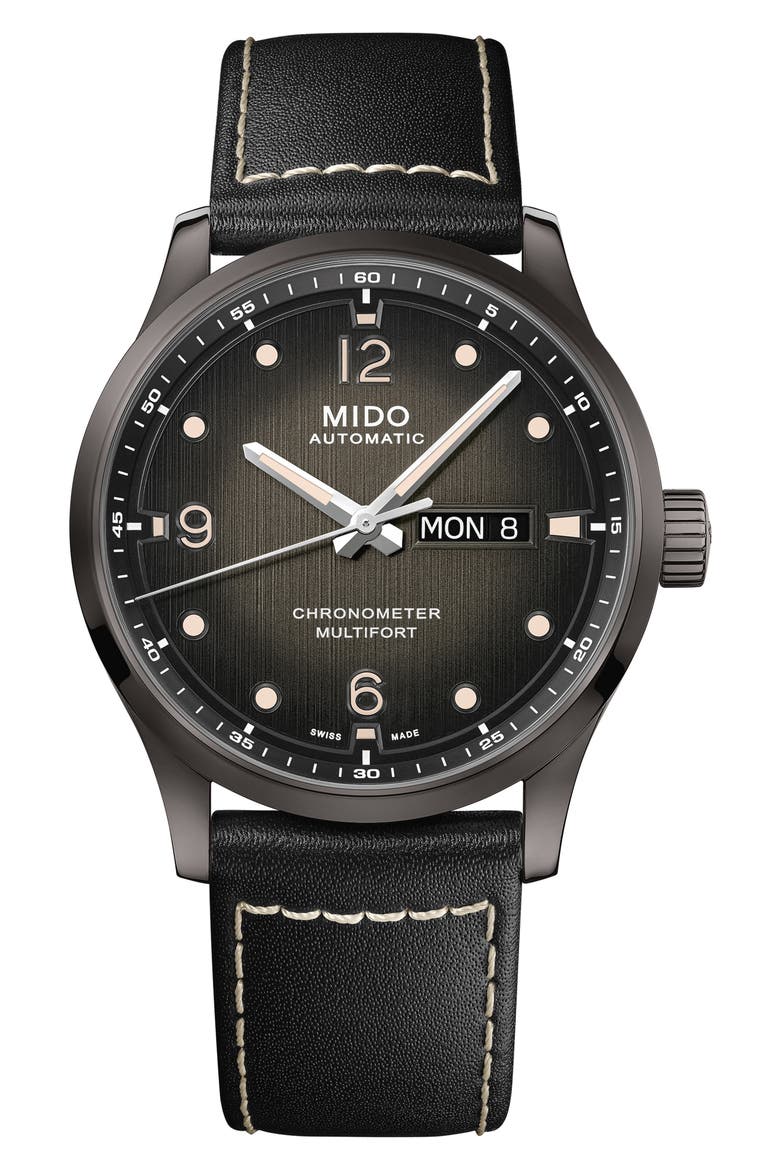 Multifort Automatic Leather Strap Watch, 42mm, Main, color, BLACK / GREY