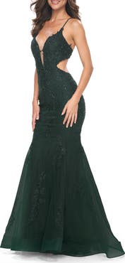 La Femme Lace and Tulle Mermaid Gown with Side Cut Outs in Jewel Tones