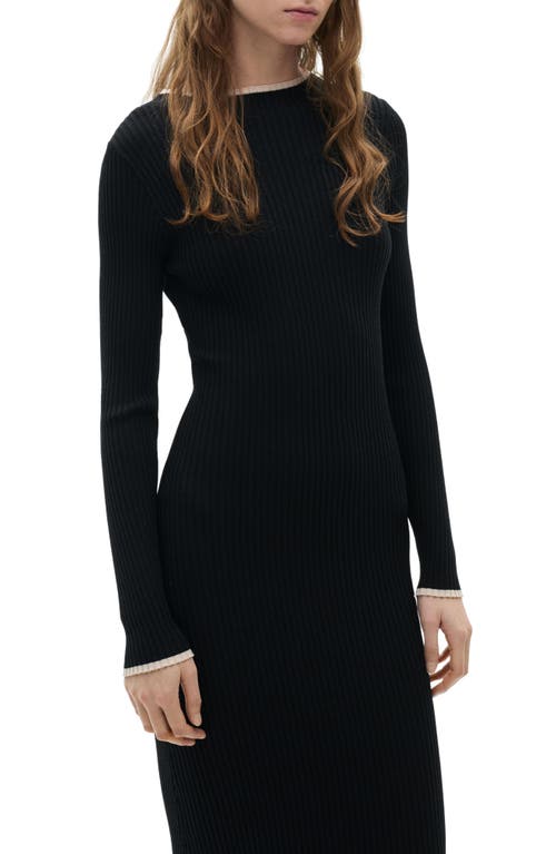 Shop Mango Tipped Long Sleeve Rib Midi Sweater Dress In Black