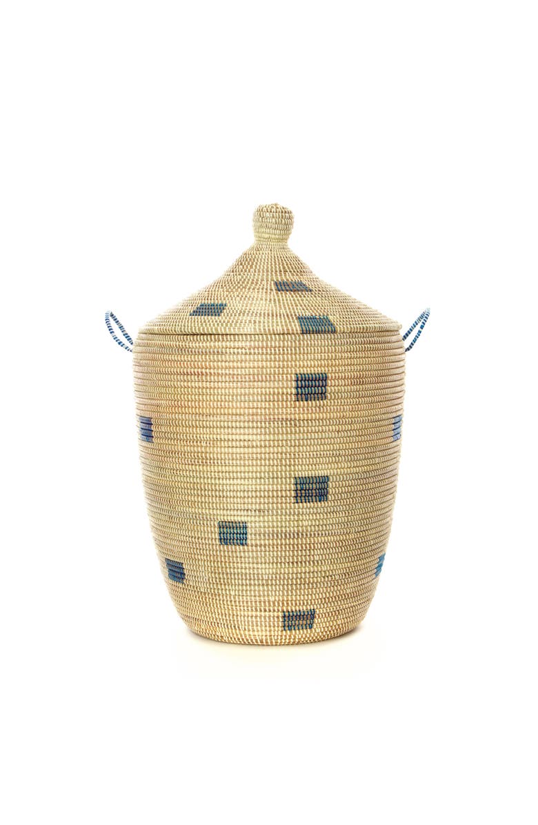 African Modern Set of Three Blue and Cream Mixed Pattern Hampers, Alternate, color, Blue And Cream