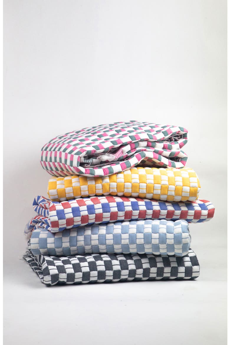Suzani Quilted Handwoven Checkered Cotton Throw Blanket, Alternate, color, Soft Black and Ivory