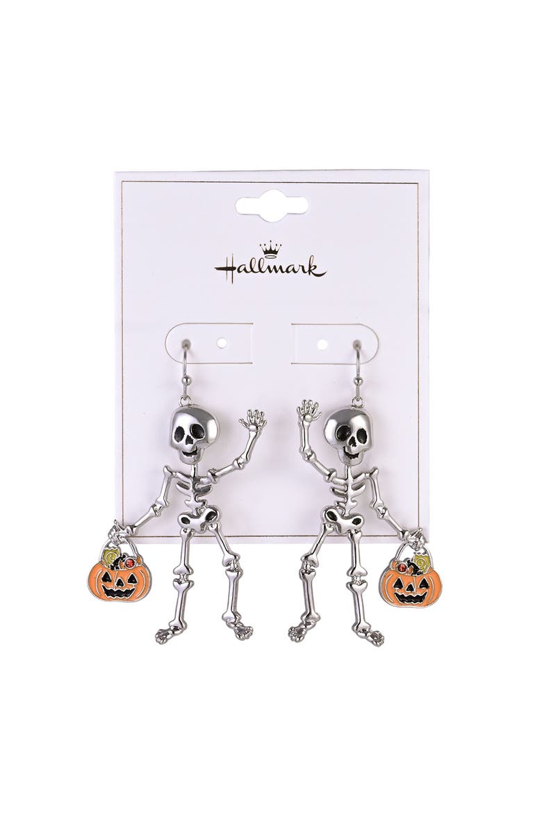 Halloween Friendly Skeleton and Candy Bucket Earrings, Alternate, color, Silver