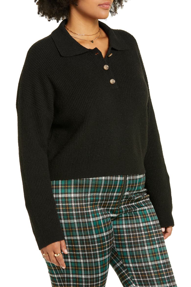 Rib Long Sleeve Polo Sweater, Alternate, color, BLACK