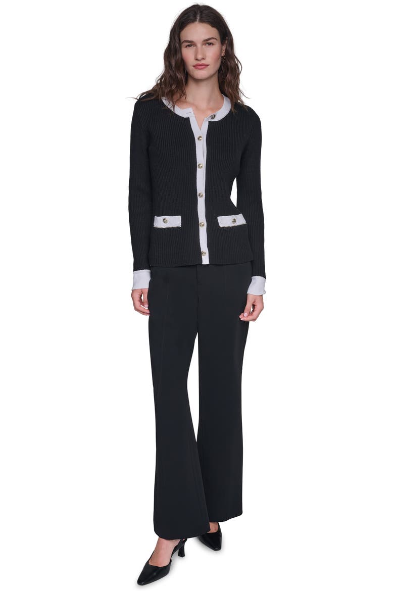 Contrast Trim Ribbed Cardigan, Alternate, color, BLACK/ SOFT WHITE