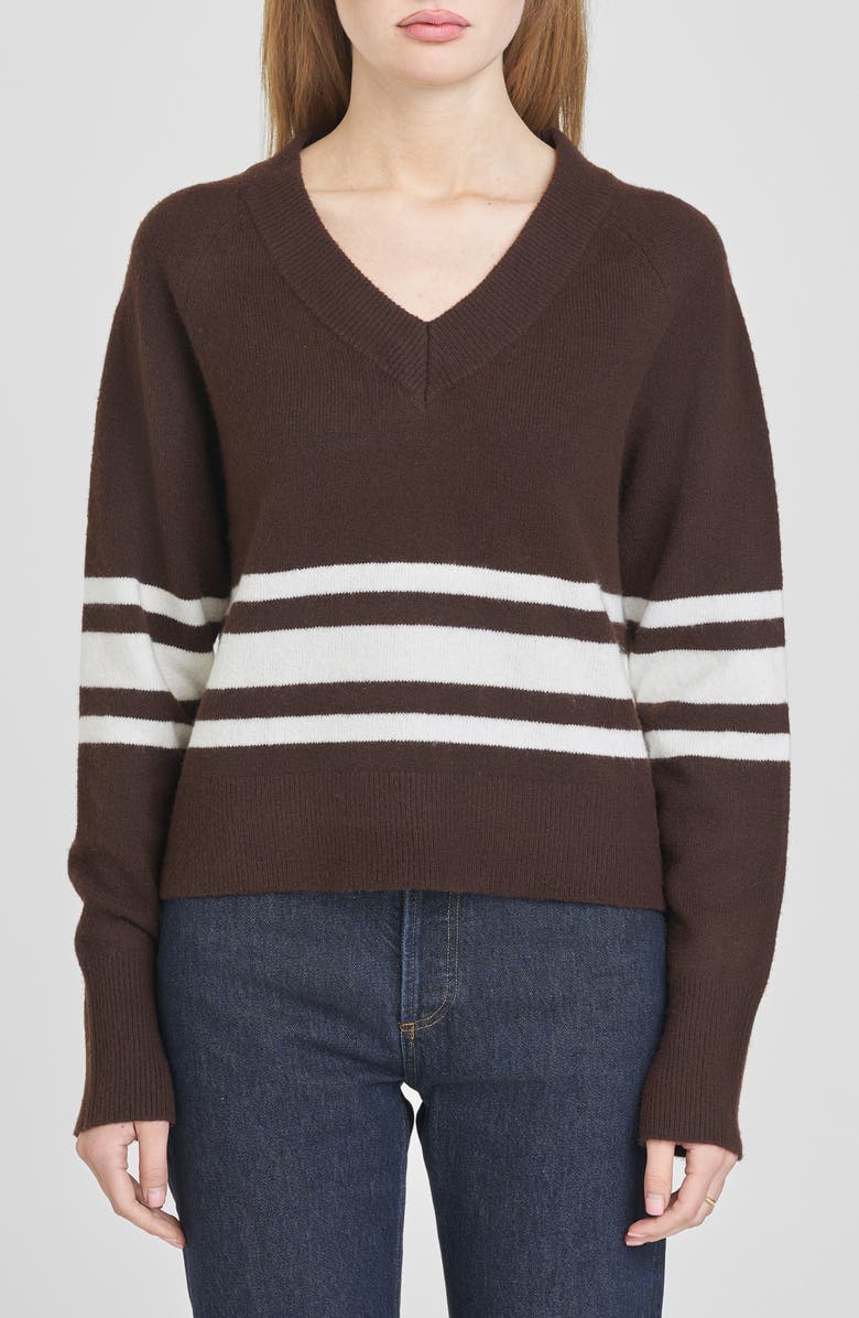 WAYF Resse Placed Stripe V-Neck Sweater, Main, color, Espresso