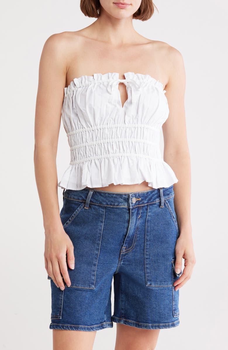 Vigoss Ruffle Scrunch Strapless Crop Top, Main, color, White