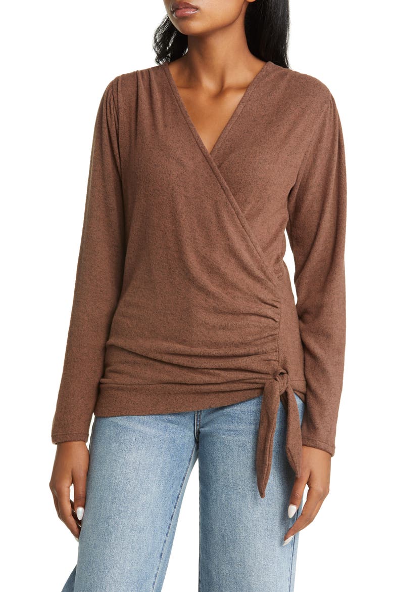 Long Sleeve Faux Wrap Top, Main, color, CHOCOLATE