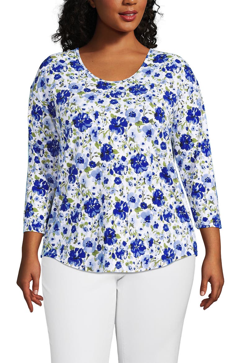 3/4 Sleeve Lightweight Jersey U-Neck Tunic, Alternate, color, Clear Blue Painted Blooms