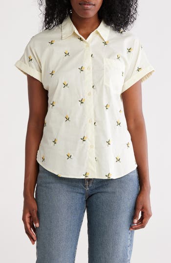 Lucky Brand Embroidered Short Sleeve Cotton Button-up Top