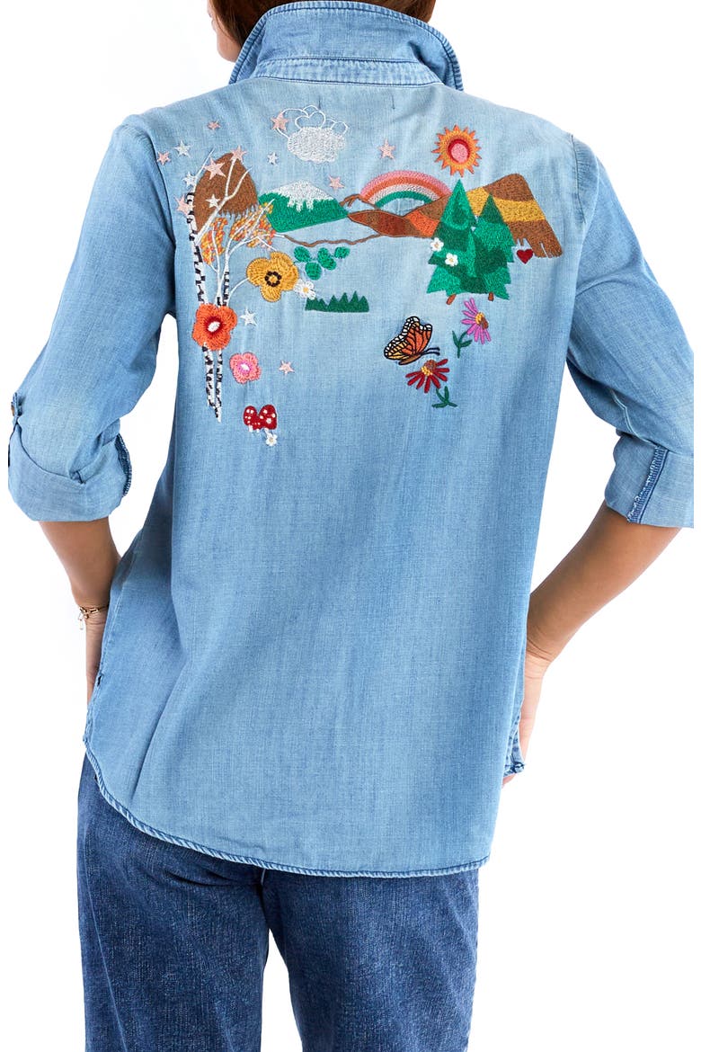 Happy Place Embroidered Denim Button-Up Shirt, Alternate, color, DENIM