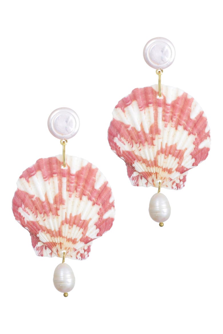 Shell & Faux Pearl Drop Earrings, Main, color, PINK