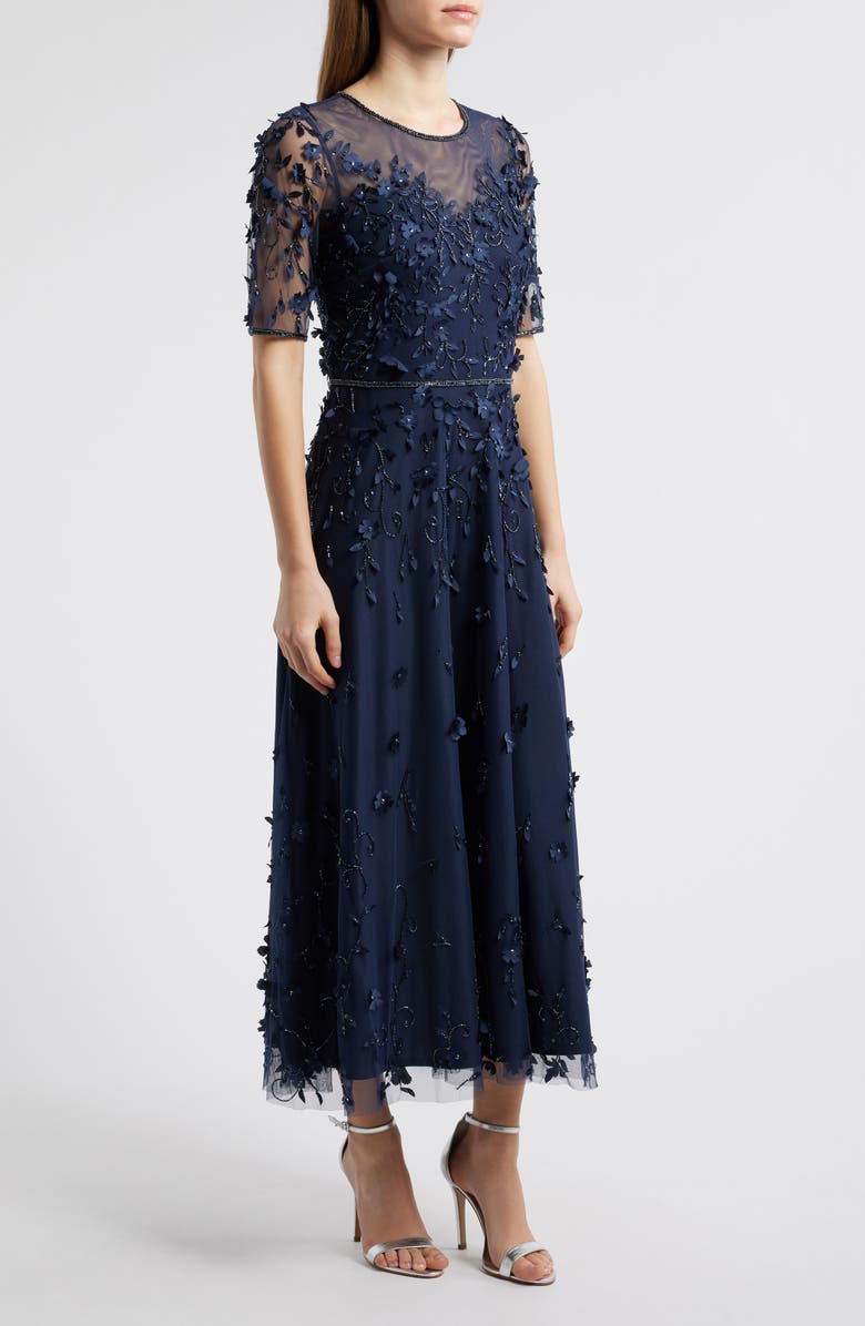 Pisarro Nights 3D Floral Beaded Gown, Alternate, color, Navy