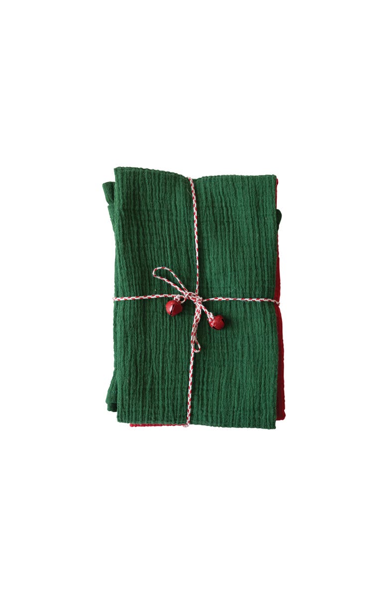 Storied Home Woven Cotton Double Cloth Tea Towels with String and Bells, Multicolor, Set of 3, Main, color, Green
