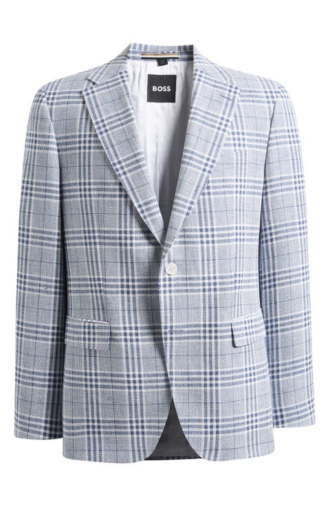 Hutson Slim Fit Blue & White Plaid Linen & Cotton Blend Sport Coat
