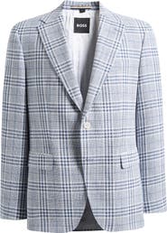 BOSS Hutson Slim Fit Blue & White Plaid Linen & Cotton Blend Sport Coat