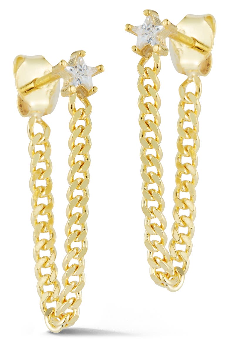 Star CZ Curb Chain Front/Back Earrings, Main, color, GOLD