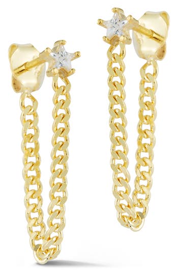 Chloe & Madison Chloe And Madison Star Cz Curb Chain Front/back Earrings In Gold