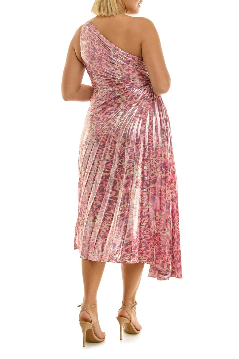 Pleated One-Shoulder Metallic Dress, Alternate, color, ABSTRACT BUTTERFLY FUCHSIA