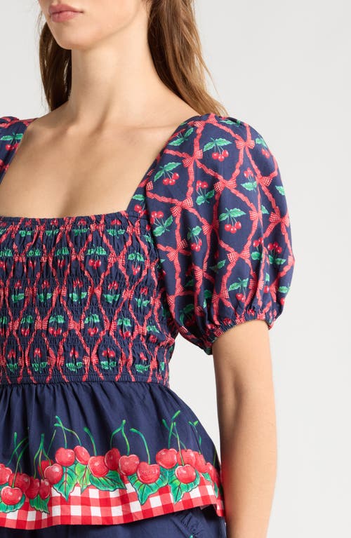 Damson Madder Allegra Cherry Pie Smocked Organic Cotton Peplum Top