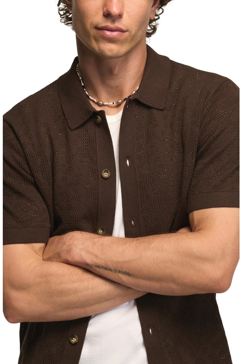 Openwork Knit Cotton Button-Up Shirt, Alternate, color, HOT FUDGE