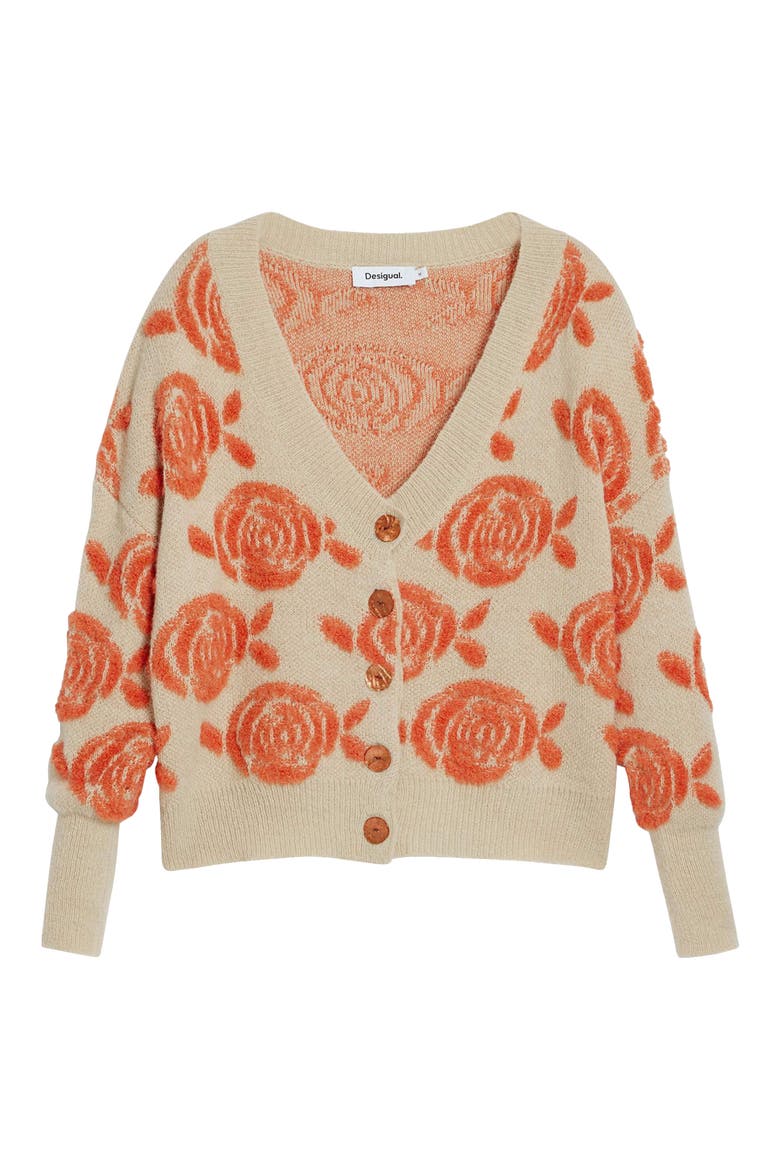 Floral Jacquard V-Neck Cardigan, Alternate, color, BEIGE