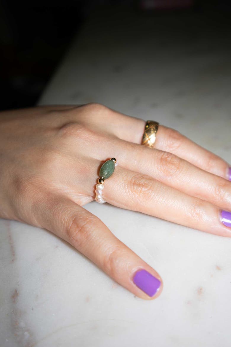 Isa Jade and beaded pearl stretch ring, Alternate, color, Light green