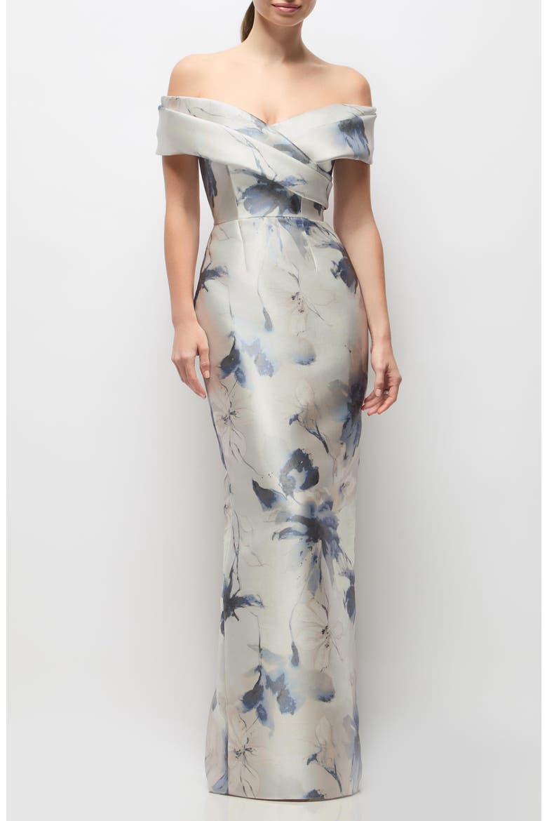 Constance Off the Shoulder Column Gown, Main, color, INK WASH BLUE FLORAL
