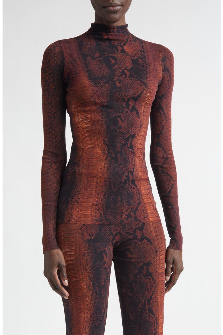 Snakeskin Print Long Sleeve Mesh Top, Main, color, BROWN/ BLACK
