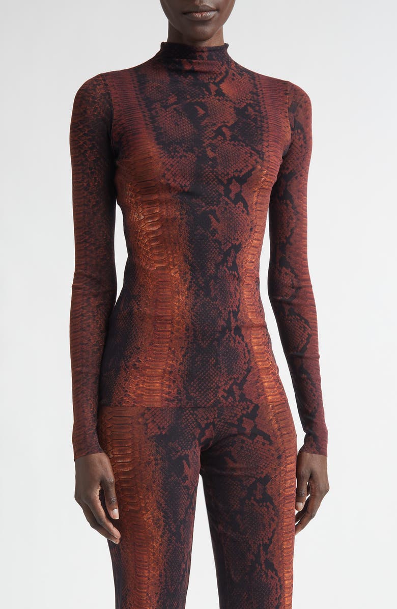 Jean Paul Gaultier Snakeskin Print Long Sleeve Mesh Top, Main, color, Brown/ Black