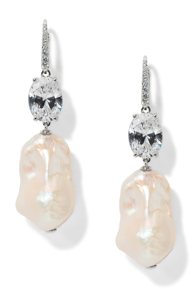 Madrid Freshwater Pearl Double Drop Earrings, Main, color, RHODIUM