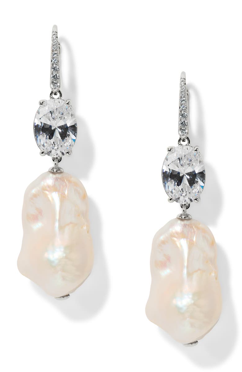 Nadri Madrid Freshwater Pearl Double Drop Earrings, Main, color, Rhodium