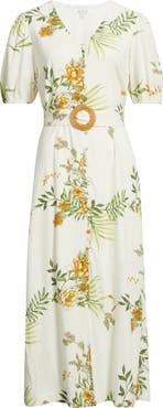 ZOE AND CLAIRE Printed Puff Sleeve Belted Midi Dress