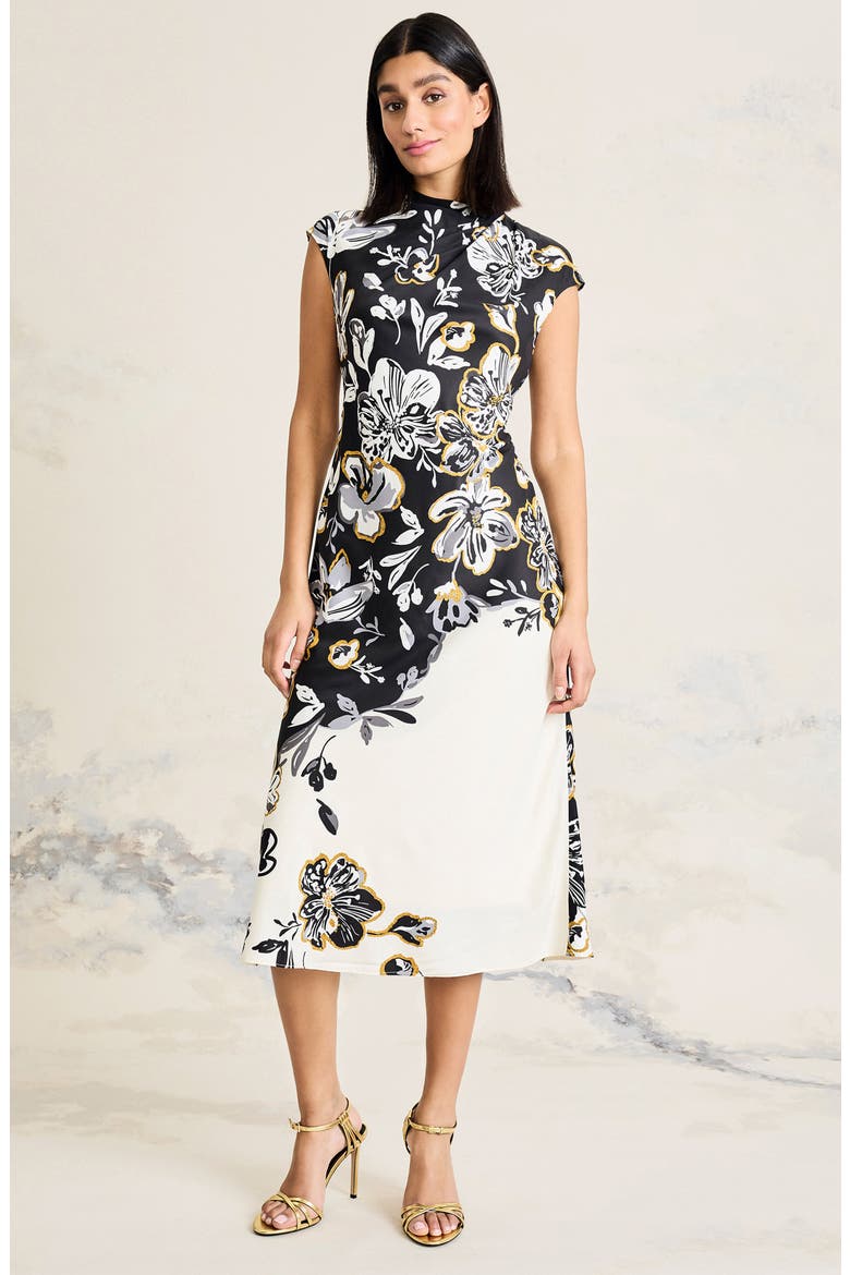 Placed Metallic Floral Midi Dress, Alternate, color, CREAM/ GREY