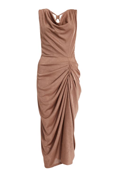 Quiz Disco Cowl Hardware Detail Back Ruched Midi Dress In Brown
