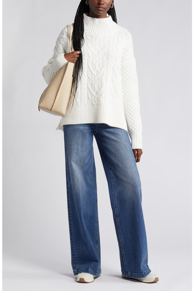 Mock Neck Cable Knit Sweater, Main, color, IVORY CLOUD