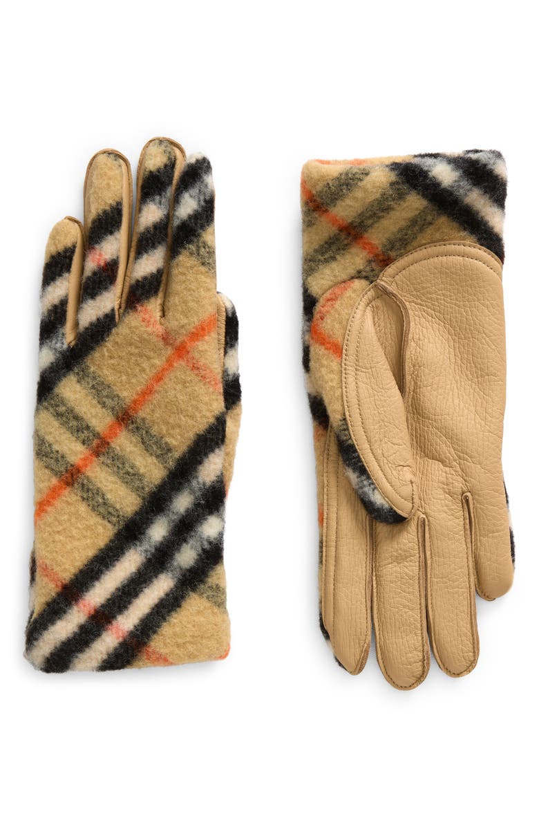 Burberry Bias Check Leather & Wool Gloves, Main, color, 