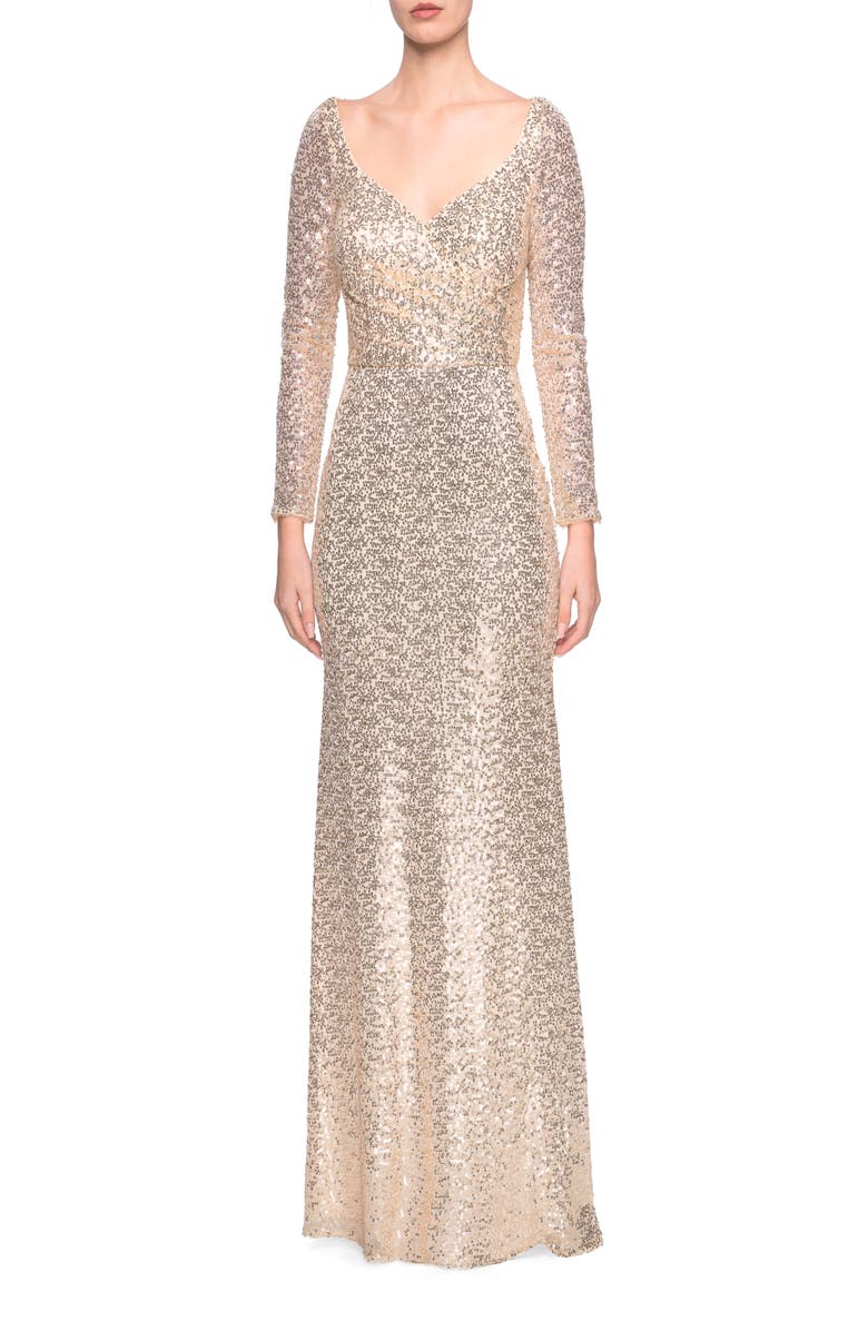 La Femme Long Sleeve Sequins Gown with Soft V-Neckline, Main, color, Light Gold