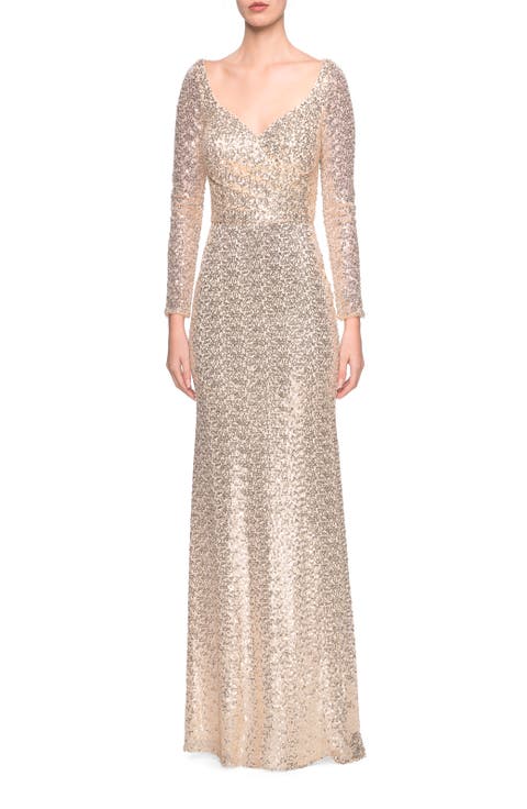 Long Sleeve Sequins Gown with Soft V-Neckline
