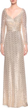 La Femme Long Sleeve Sequins Gown with Soft V-Neckline