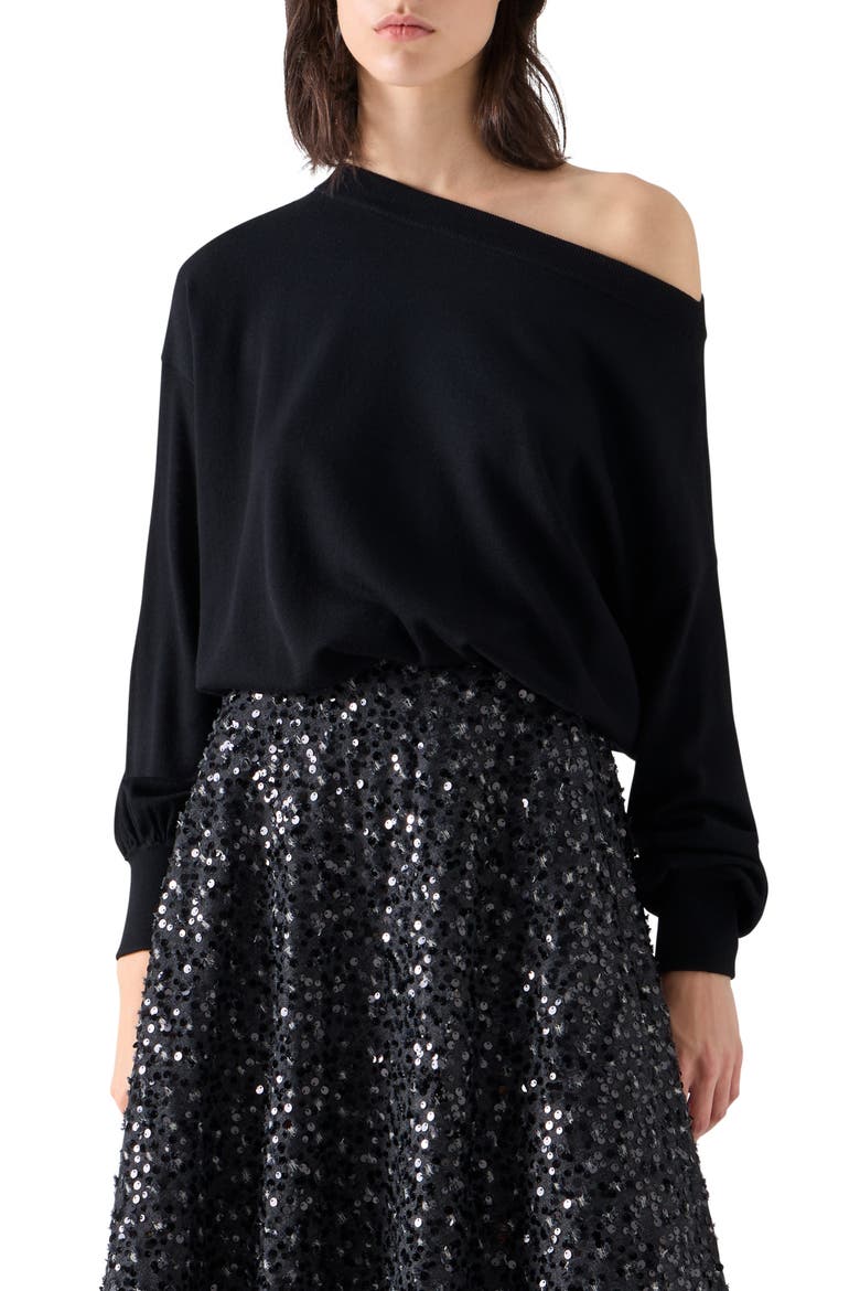 Off the Shoulder Virgin Wool Sweater, Main, color, BLACK