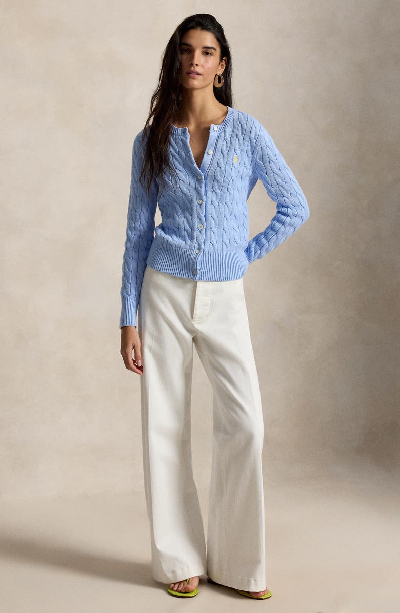 Polo Ralph Lauren Cable Knit Cotton Crewneck Cardigan, Alternate, color, Baby Blue