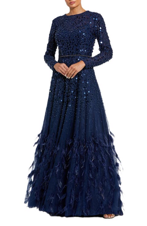 Disc Embellished Sequin Gown with Feather Detail
