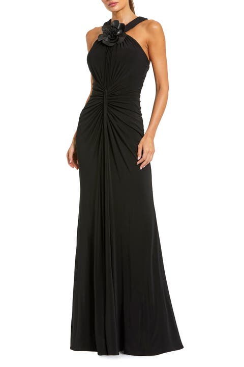 Jersey Halter Gown with Floral Appliqué
