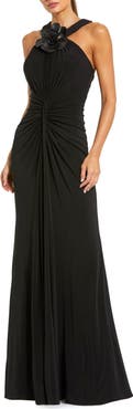 Mac Duggal Jersey Halter Gown with Floral Appliqué