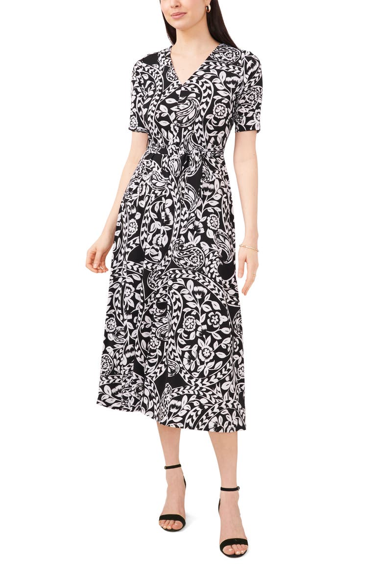 Floral Belted V-Neck Midi Dress, Main, color, BLACK/ WHITE