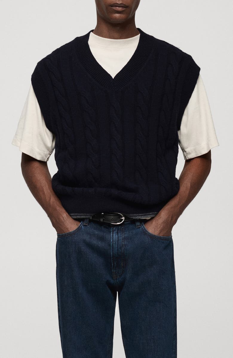 MANGO Cable Stitch Sweater Vest, Main, color, Dark Navy